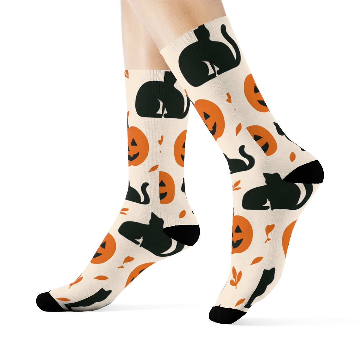 Orange Jack O Lantern And Black Cat Alternating Grid On Proper Neutral Background soft everyday crew socks