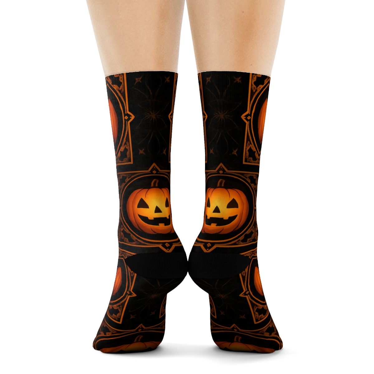 Orange Jack O Lantern Medallion Tile On Black Background trendy patterned crew socks