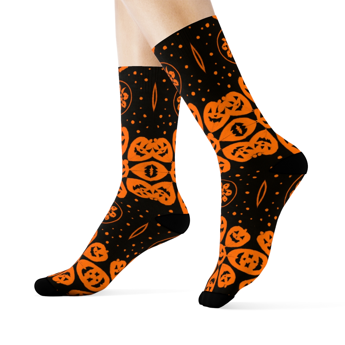 Orange Jack O Lantern Starburst Medallions On Black Background custom crew socks
