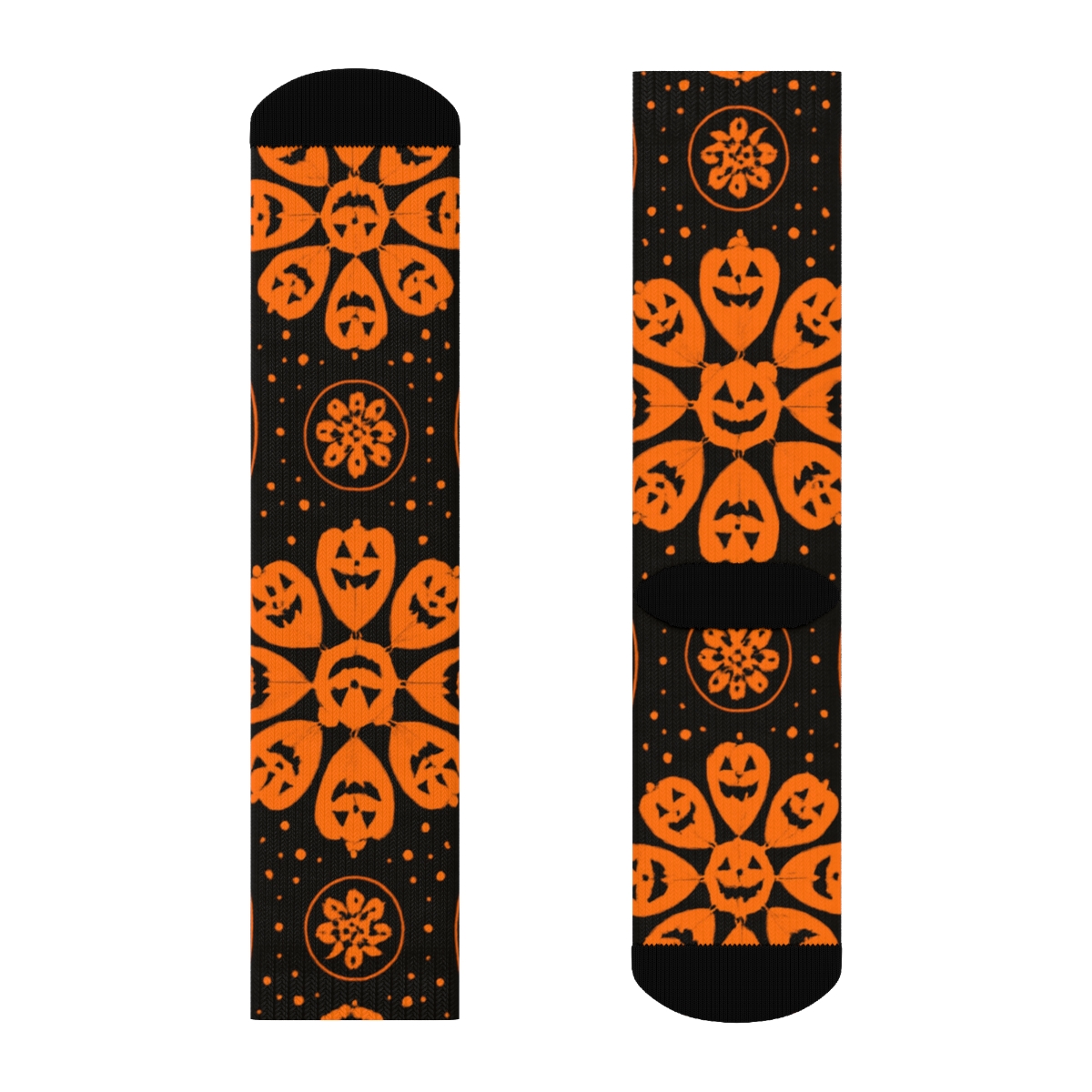 Orange Jack O Lantern Starburst Medallions On Black Background custom crew socks