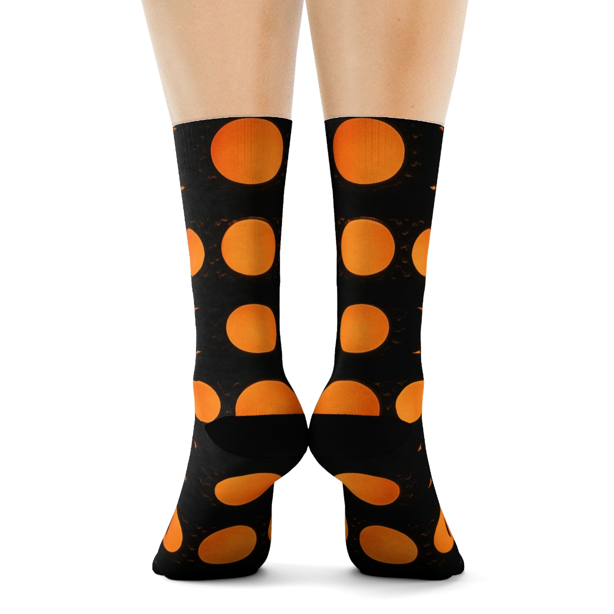 Orange Moon Glow Phases With Bat Swarm On Black Background personalized crew socks