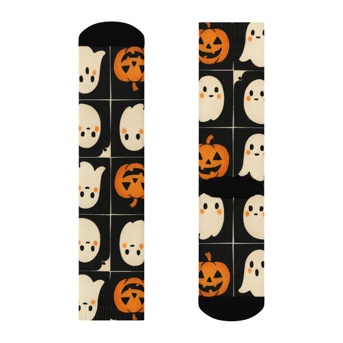 Orange Pumpkin And Ghost Alternating Checker On Black Background custom crew socks