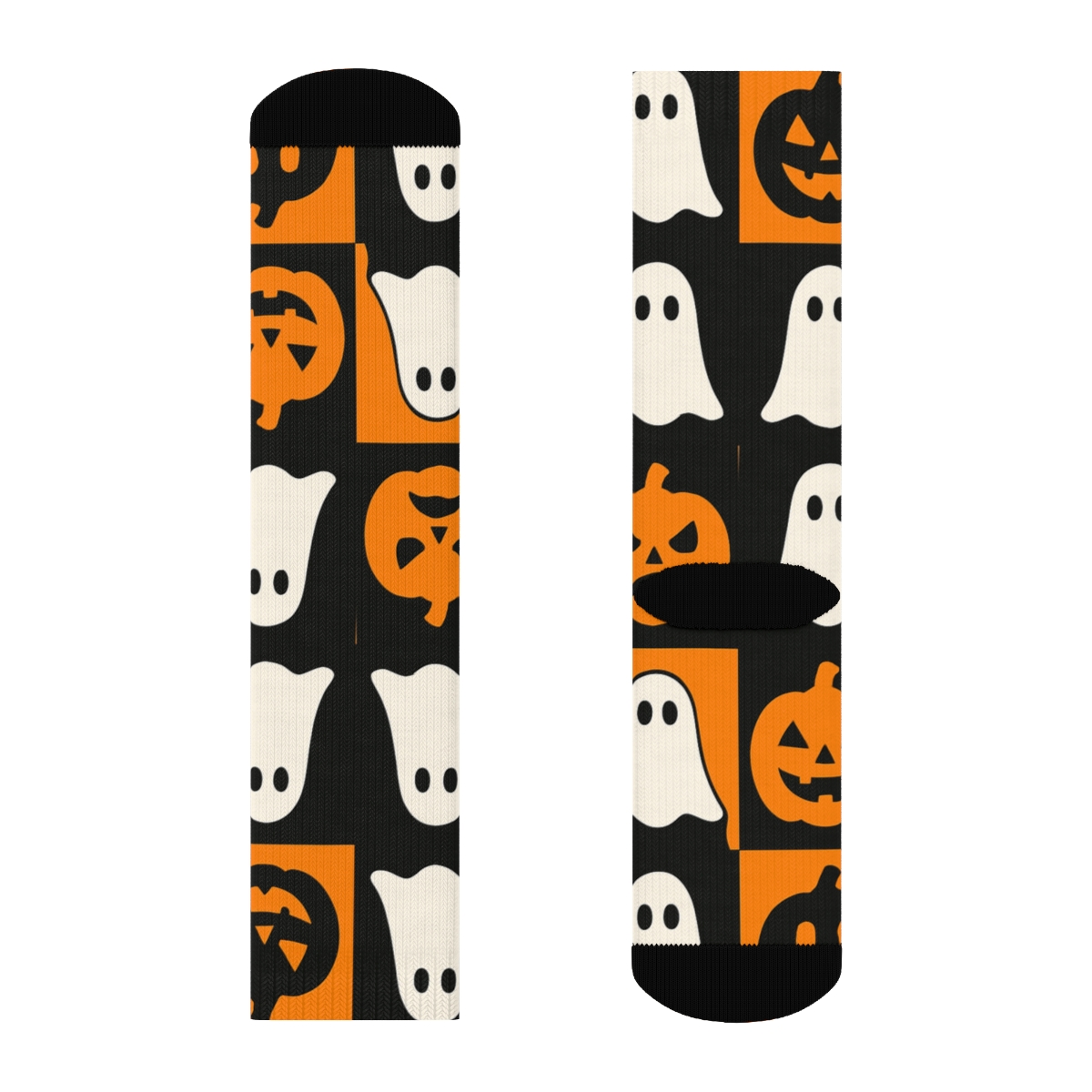 Orange Pumpkin And Ghost Checkerboard On Black Background trendy patterned crew socks