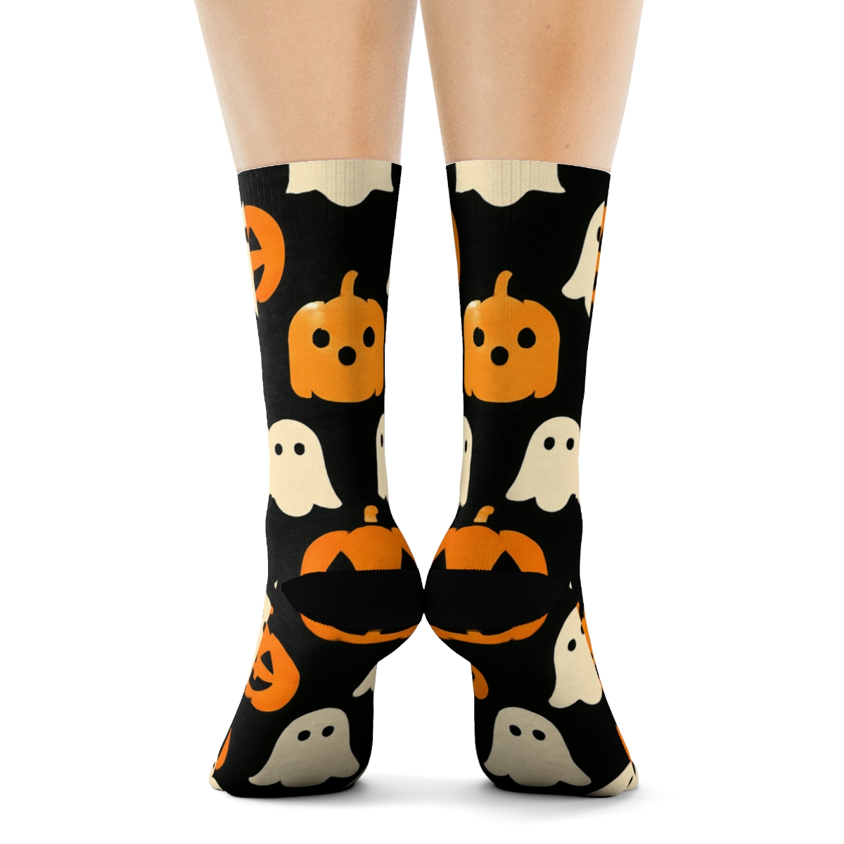 Orange Pumpkin And Ghost Checkerboard On Black Background premium sports crew socks