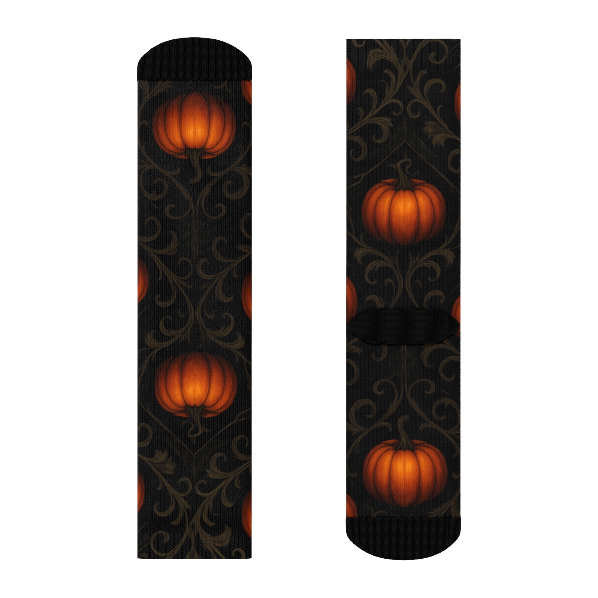 Orange Pumpkin Vine Lattice And Web Filigree On Black Background premium sports crew socks