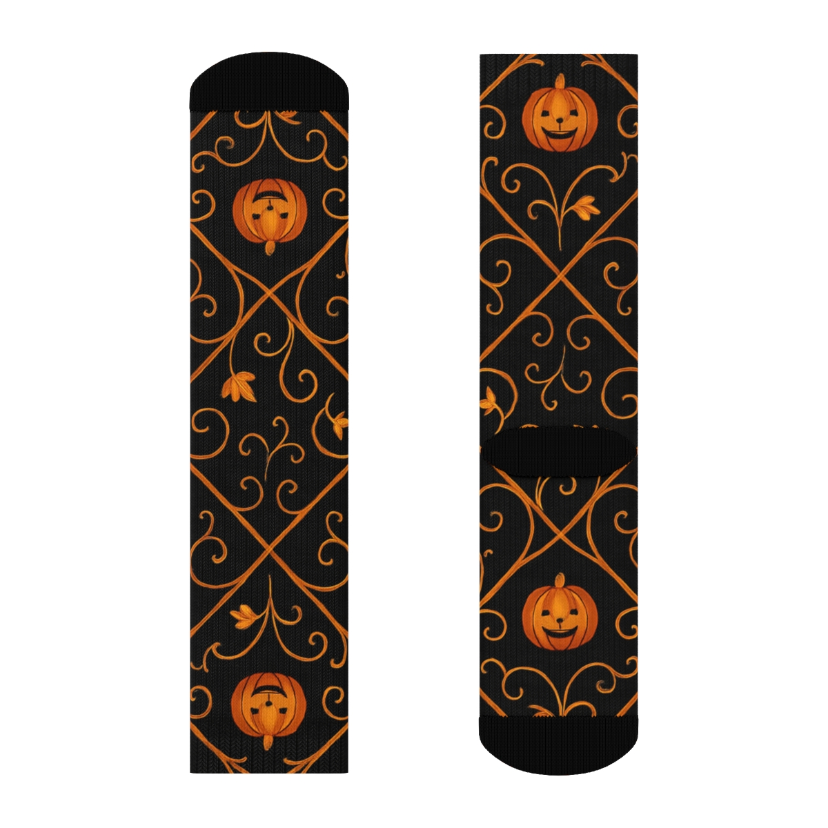 Orange Pumpkin Vine Lattice On Black Background stylish athletic crew socks