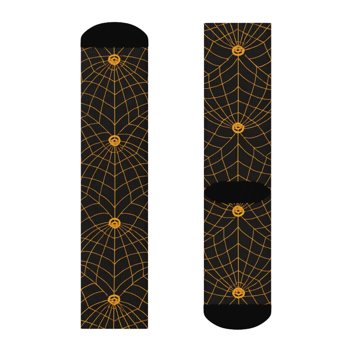 Orange Spider Web Overlay With Jack O Lantern Dots On Black Background personalized crew socks