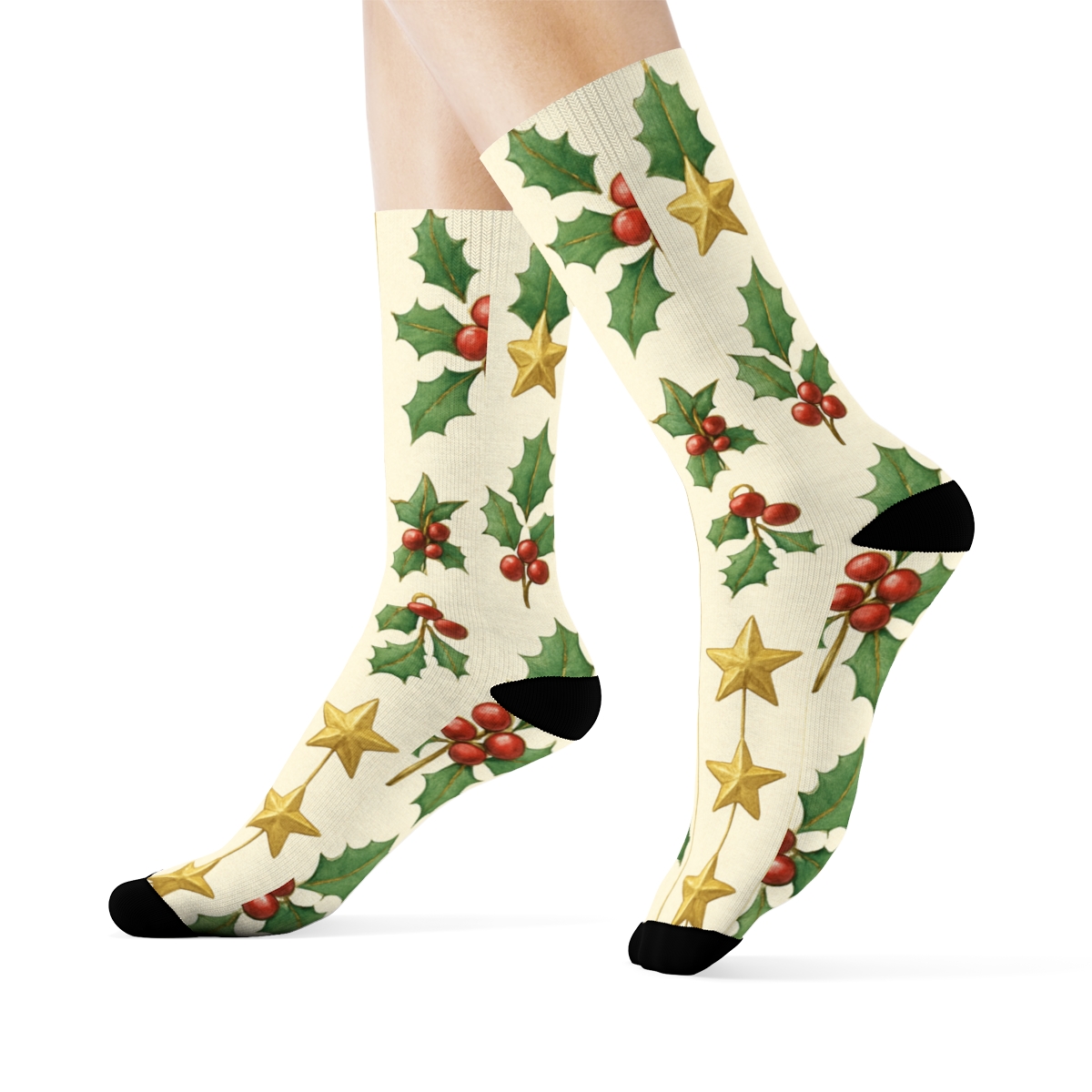 Ornament Stripe With Holiday Motifs designer printed crew socks