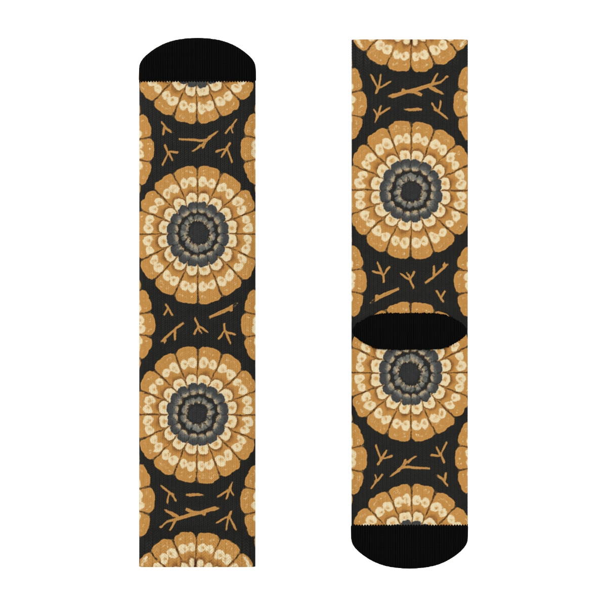 Owl Feather Rosette Medallions On Charcoal Black Background personalized crew socks