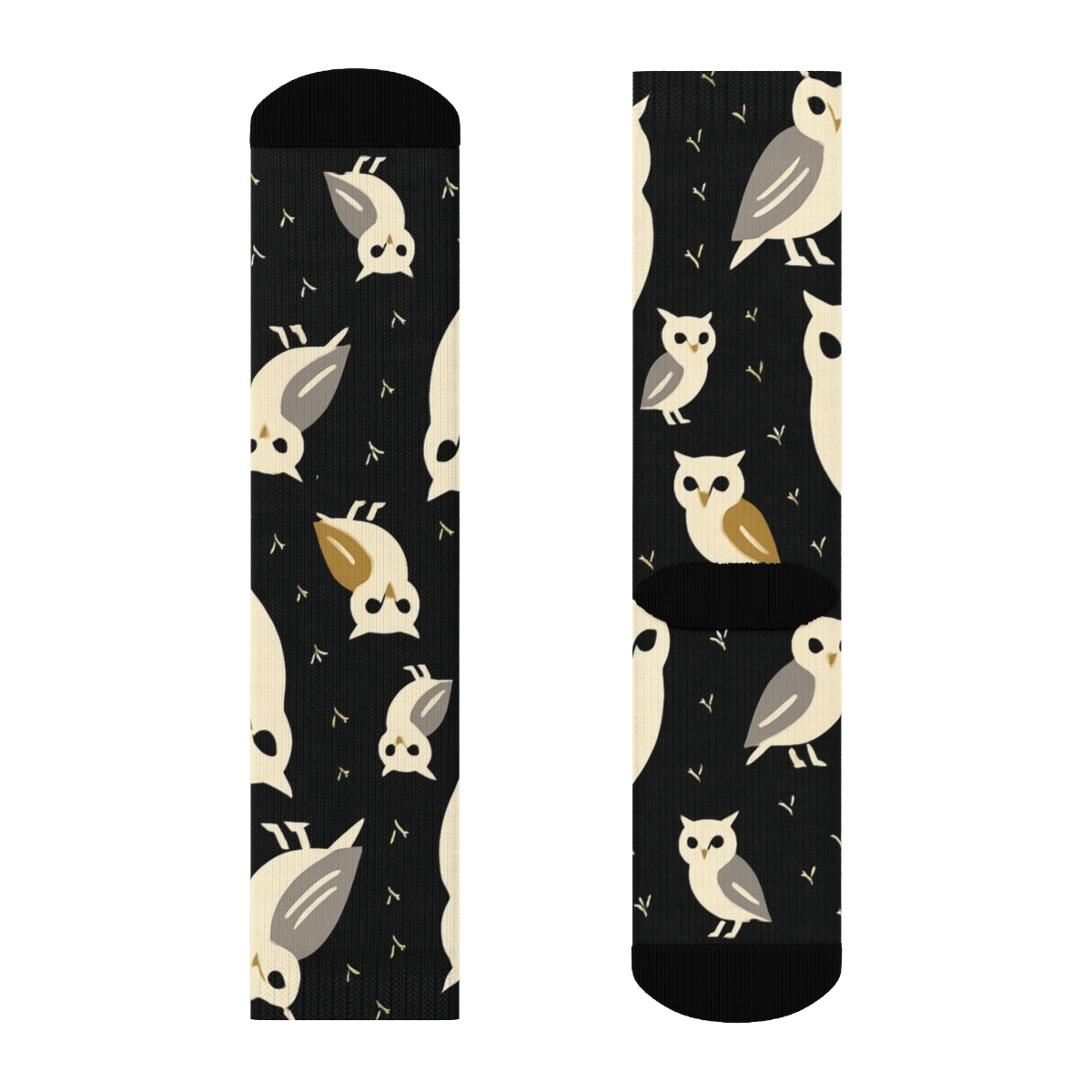 Owl Silhouette Feather Accent Diagonal Array On Black Background custom crew socks