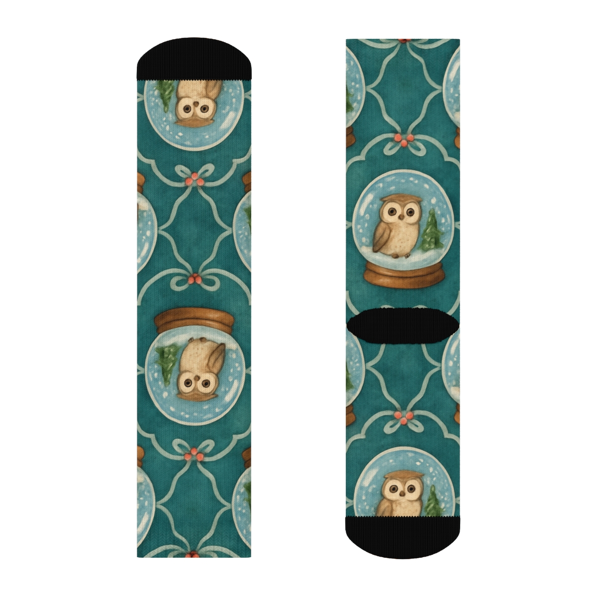 Owl Snow Globe Medallions On Teal Background unique graphic crew socks