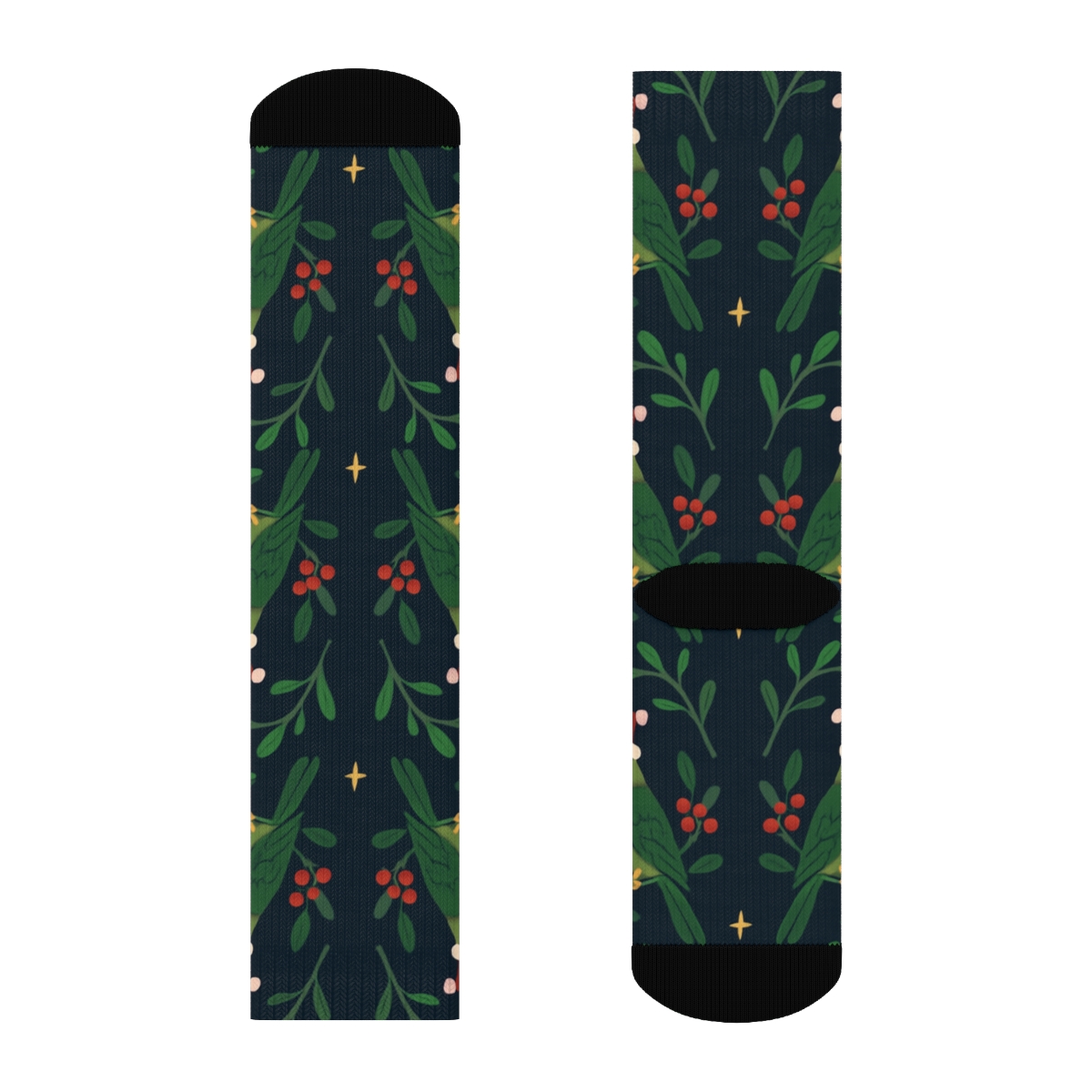 Parrot Mistletoe Mirror Pairs On Navy Blue Background designer printed crew socks