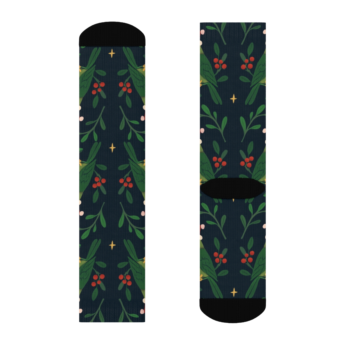 Parrot Mistletoe Mirror Pairs On Navy Blue Background designer printed crew socks