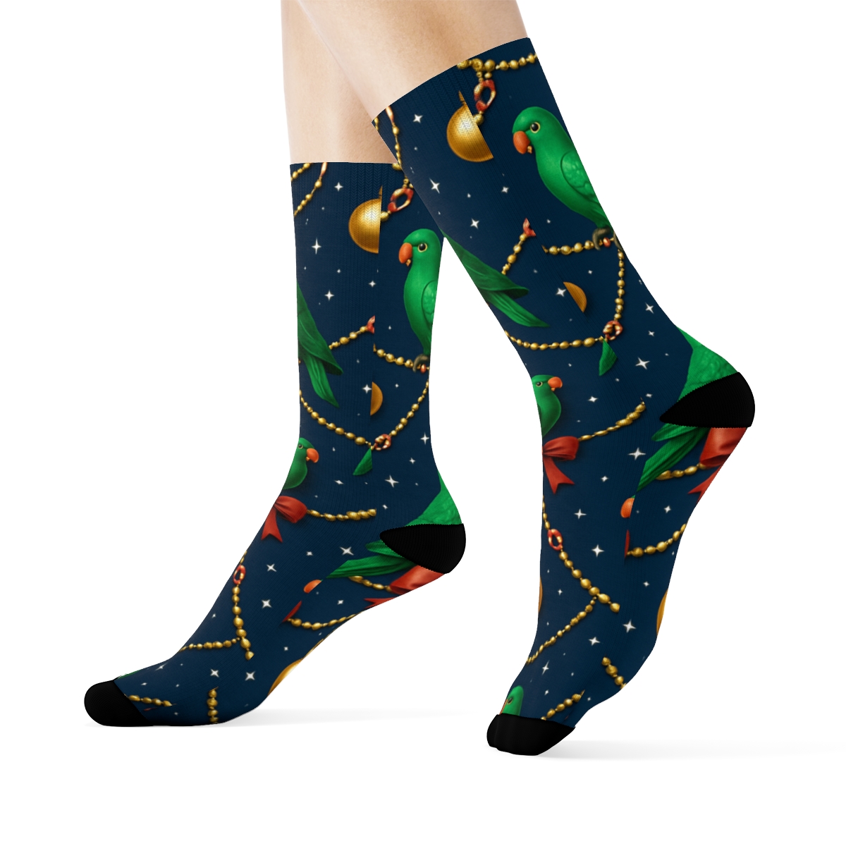 Parrot Ornament Chain Diagonal On Navy Blue Background soft everyday crew socks