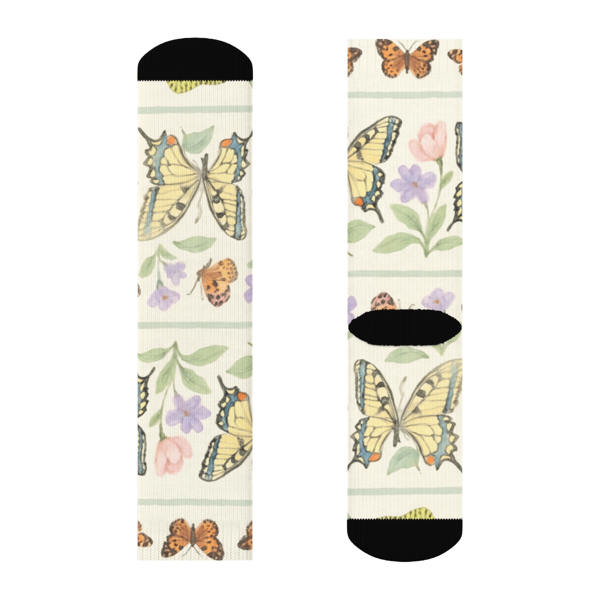 Pastel Garden Butterfly Parade Border On Ivory Background personalized crew socks
