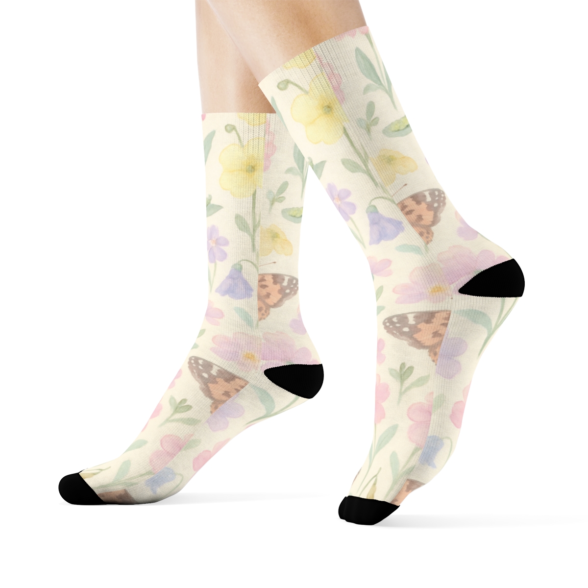 Pastel Painted Lady Meadow trendy patterned crew socks