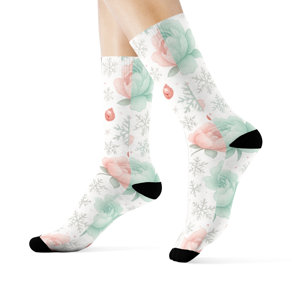 Pastel Peony Snowflake Grid On Winter White Background comfortable cotton crew socks