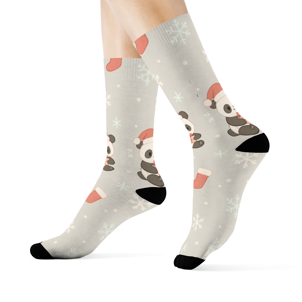 Pastel Santa Hat Panda Scatter With Snowflake Rhythm On Light Gray Background custom crew socks