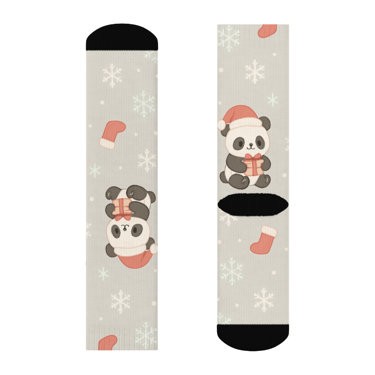 Pastel Santa Hat Panda Scatter With Snowflake Rhythm On Light Gray Background custom crew socks