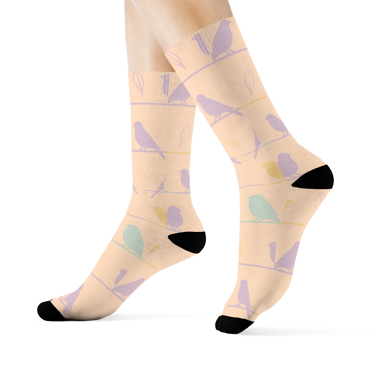 Pastel Songbird Silhouette Meadow On Soft Peach comfortable cotton crew socks