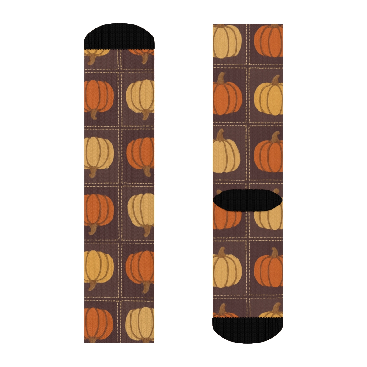 Patchwork Pumpkin Quilt Grid On Deep Plum comfortable cotton crew socksPatchwork Pumpkin Quilt Grid on Deep Plum Crew Socks - Image 2
