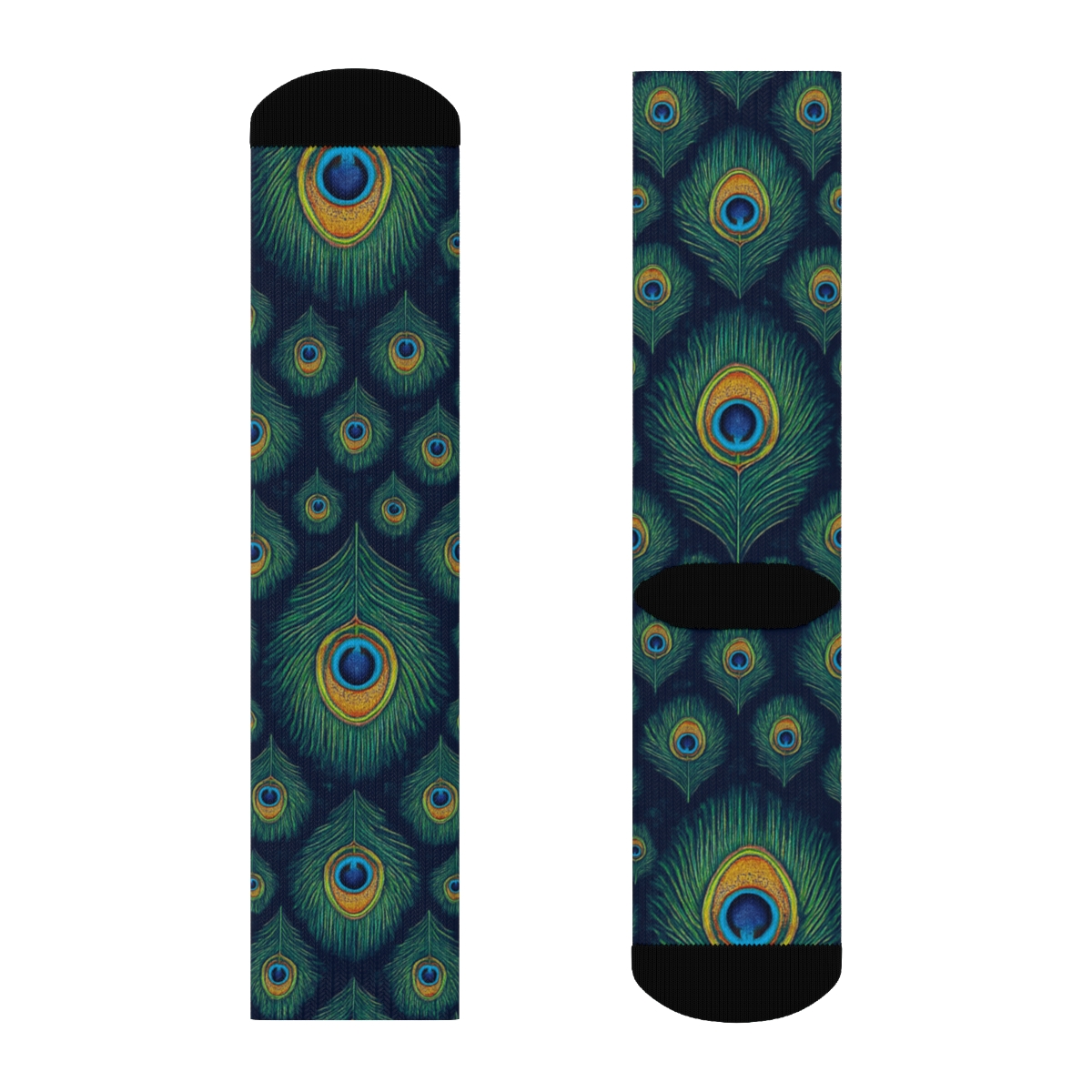 Peacock Eye Feather Grid On Navy Blue Background unique graphic crew socks