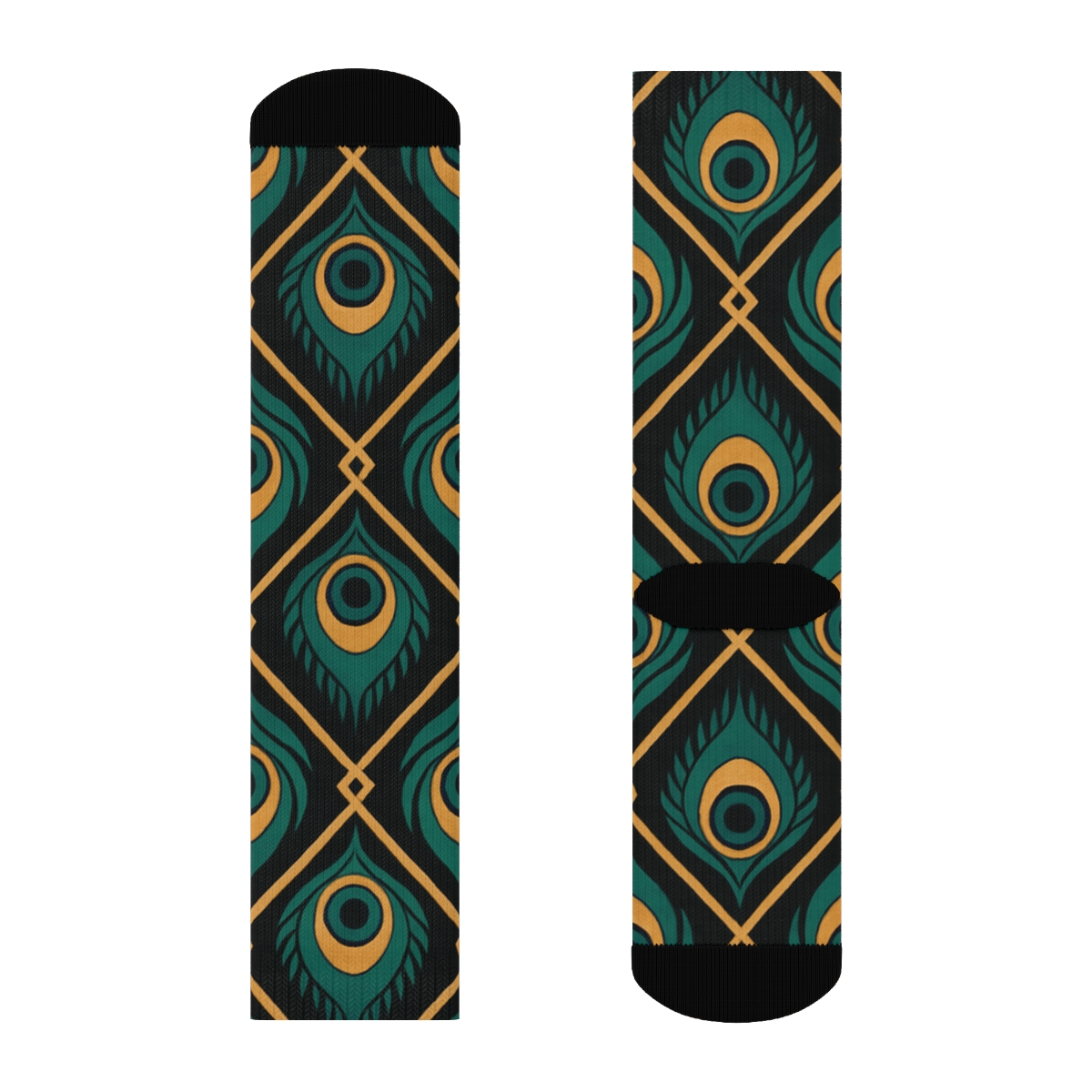 Peacock Eye Feather Lattice On Midnight Black personalized crew socks