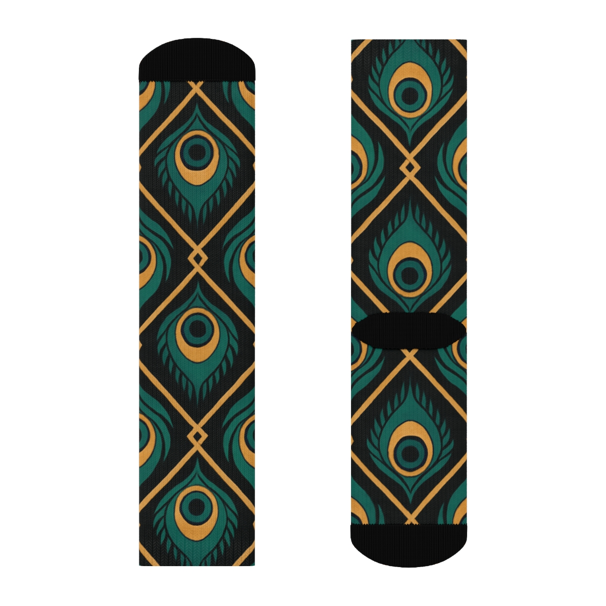 Peacock Eye Feather Lattice On Midnight Black personalized crew socks