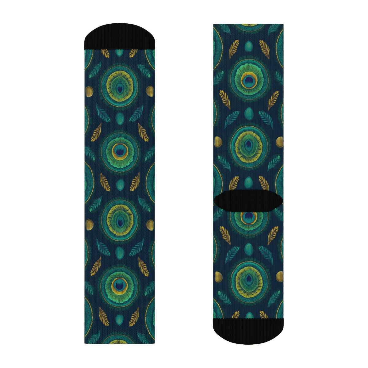 Peacock Eye Feather Medallion Grid On Midnight Navy Background custom crew socks
