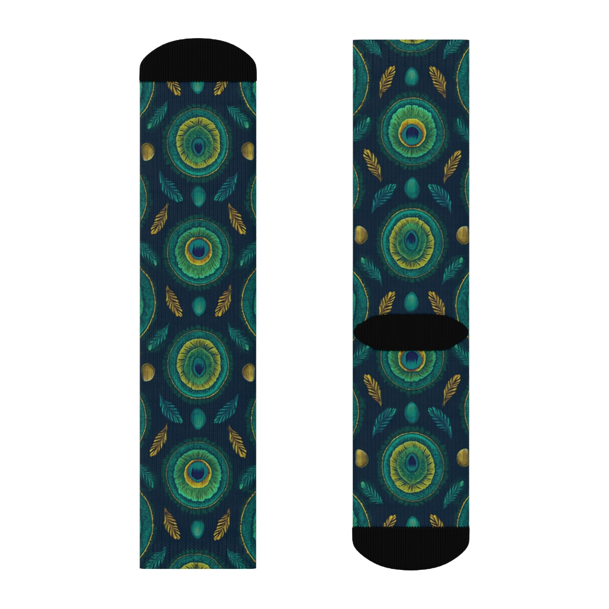 Peacock Eye Feather Medallion Grid On Midnight Navy Background custom crew socks