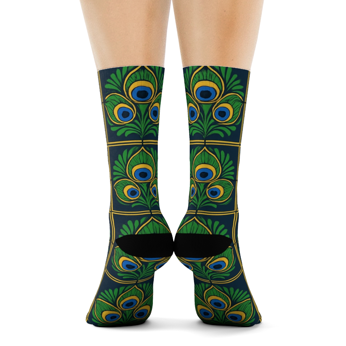 Peacock Eye Feather Medallion Tiles On Navy Blue Background designer printed crew socks