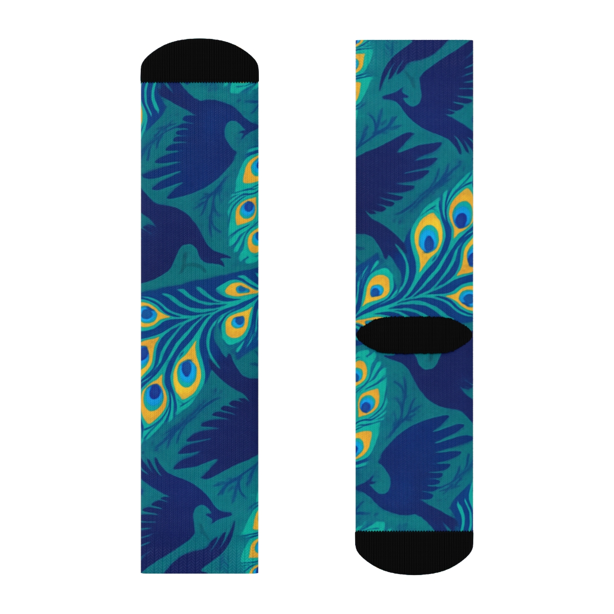 Peacock Plume Wave On Teal Ground designer printed crew socks