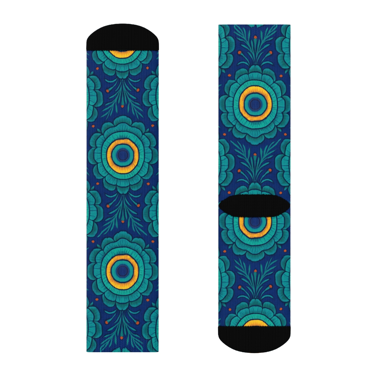 Peacock Tail Eye Spot Concentric Medallions On Navy Blue Background comfortable cotton crew socks