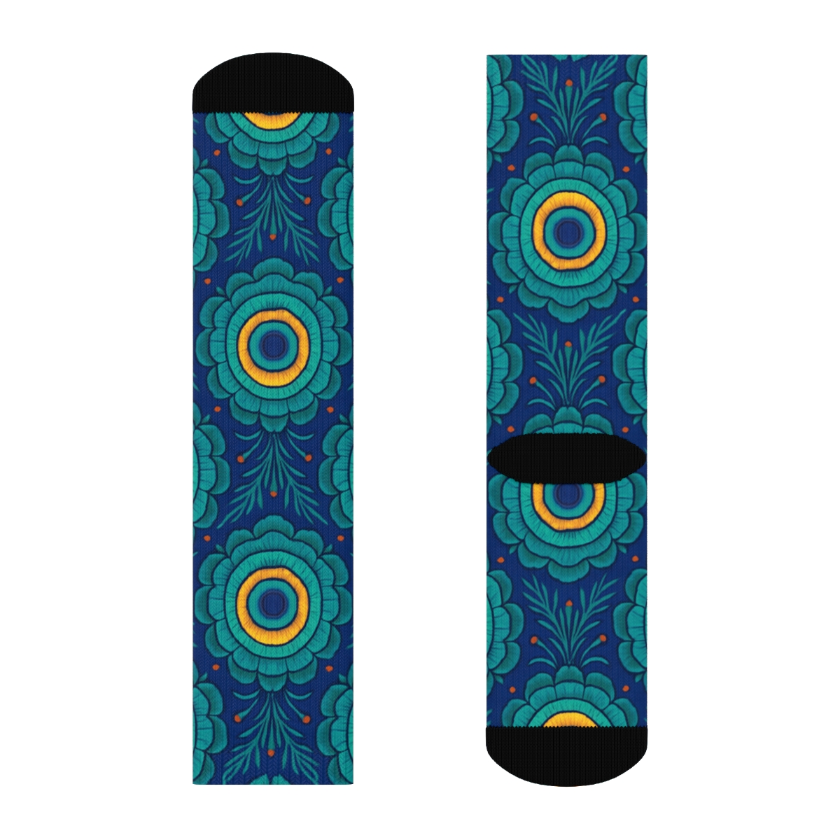 Peacock Tail Eye Spot Concentric Medallions On Navy Blue Background comfortable cotton crew socks