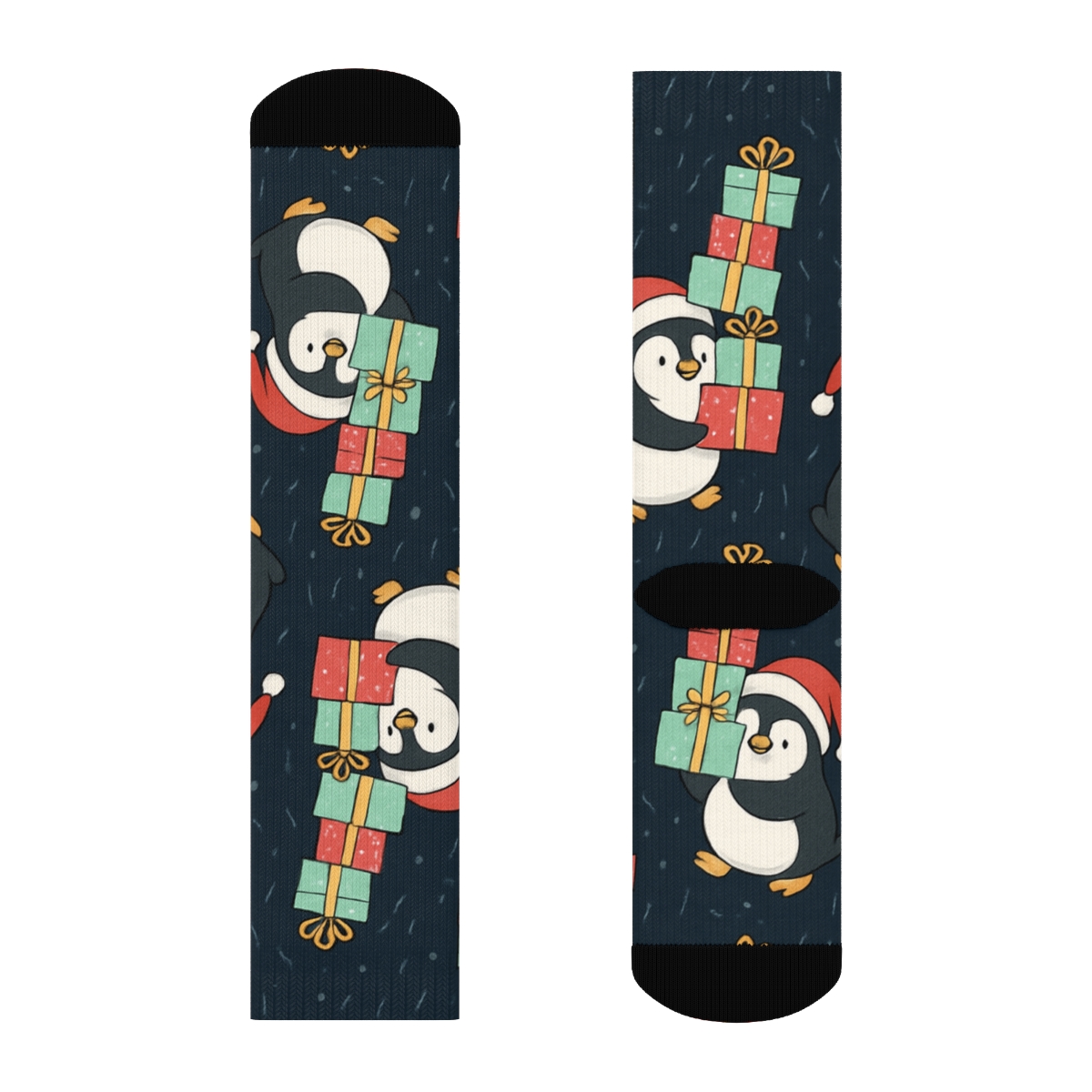 Penguin Present Stack Scatter On Midnight Blue Background comfortable cotton crew socks