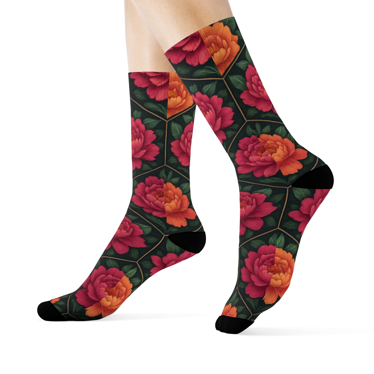 Peony Mosaic Tessellation On Charcoal Background trendy patterned crew socks