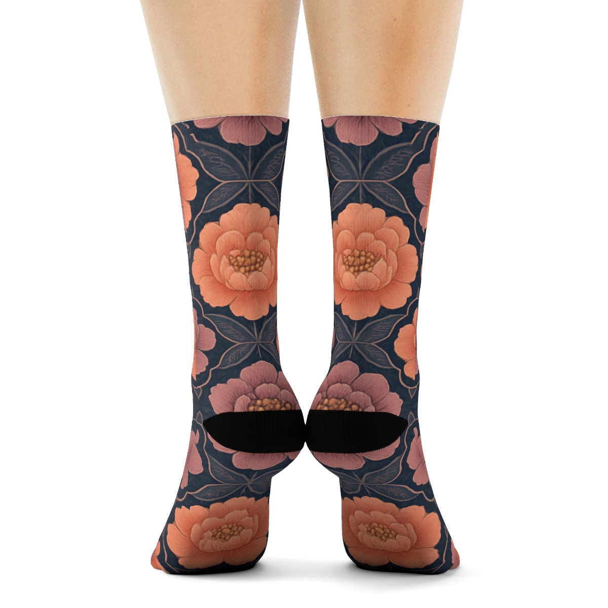 Peony Tessellation On Navy Blue Background stylish athletic crew socks