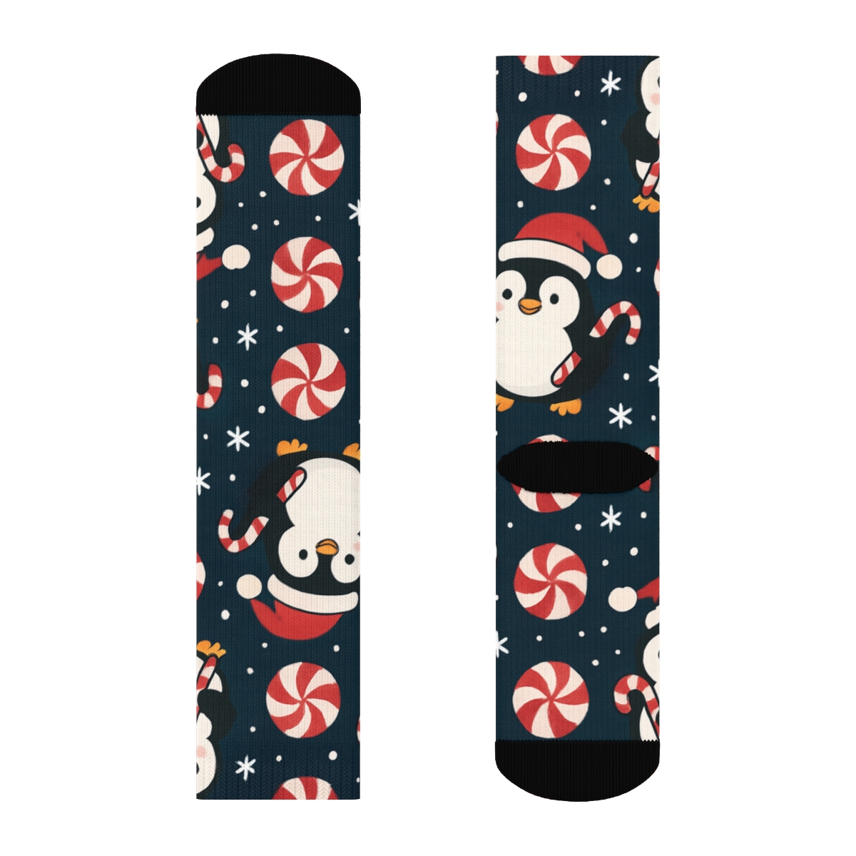 Peppermint Penguin Parade Stripe On Midnight Navy Background premium sports crew socks