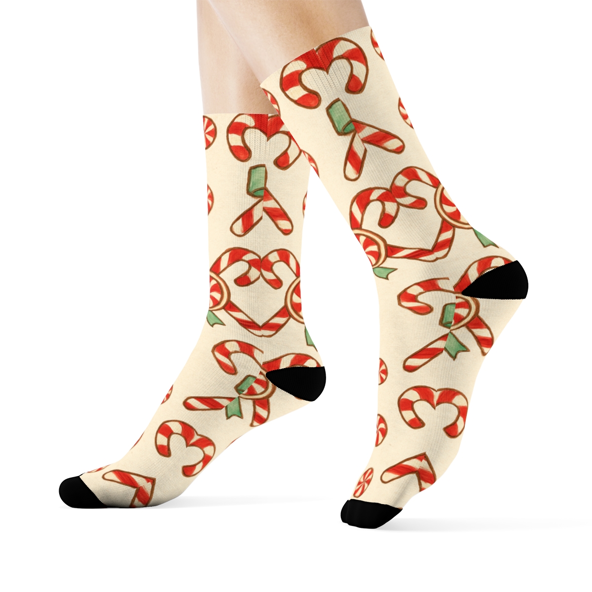 Peppermint Swirl Medallions With Candy Canes On Ivory premium sports crew socks
