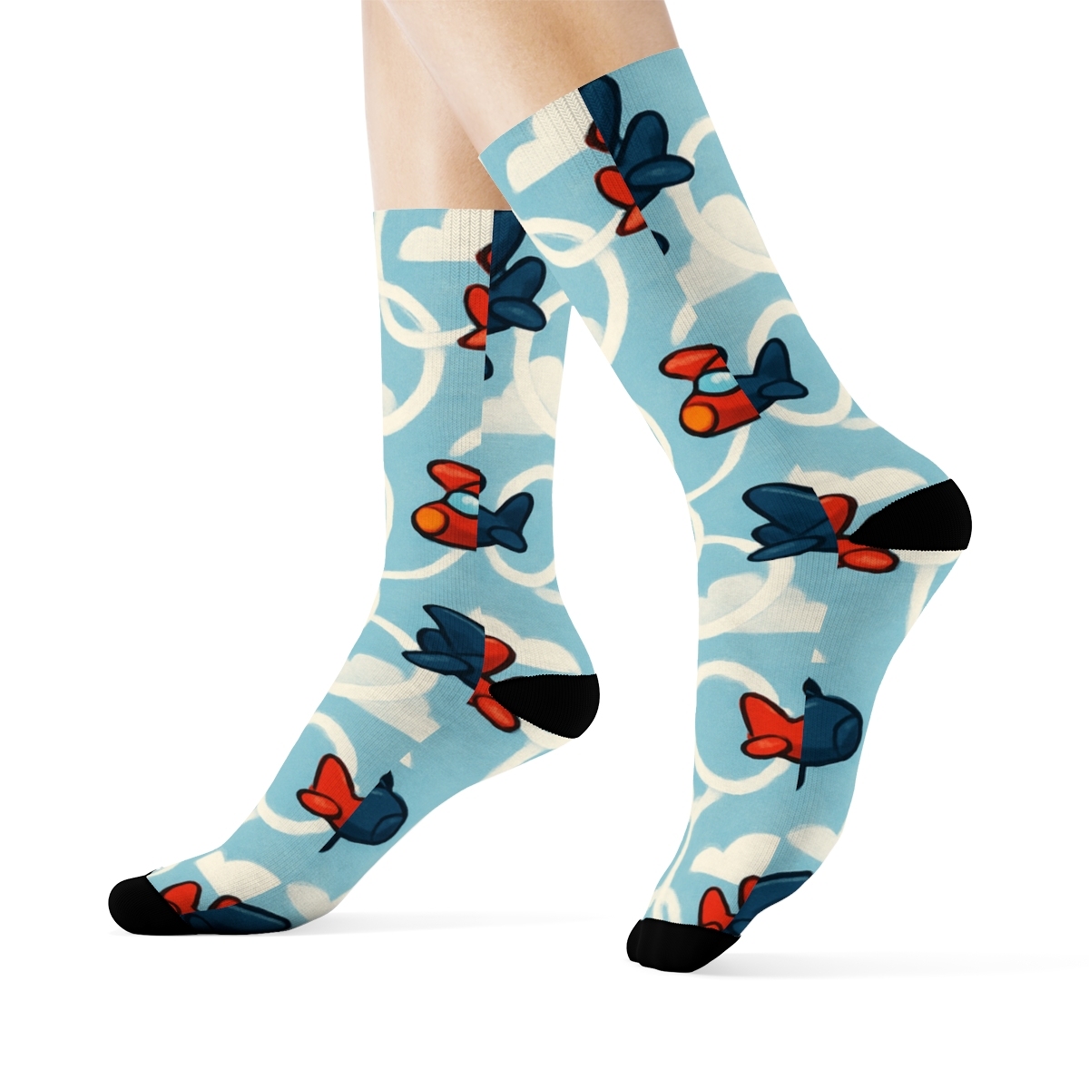Playful Airplane Race Scene Repeat Pattern soft everyday crew socks