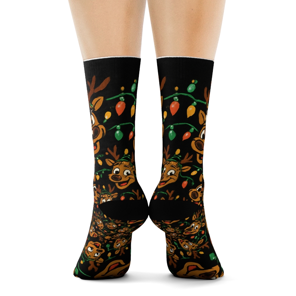 Playful Reindeer Light Spiral On Black comfortable cotton crew socks
