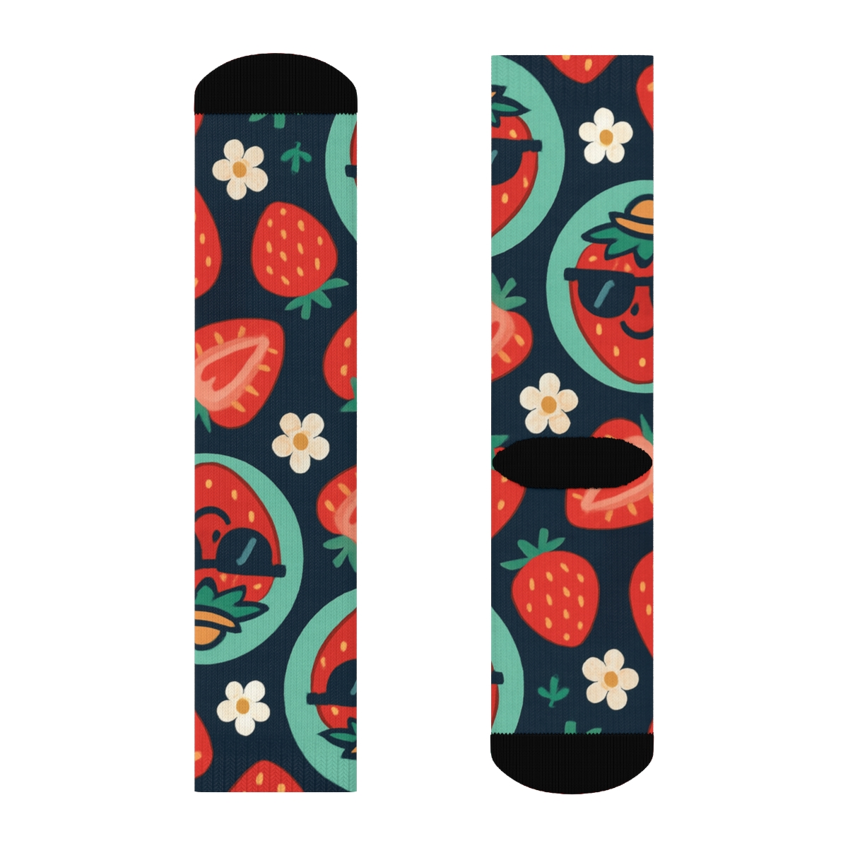 Playful Strawberry Character Spotlight On Navy Blue personalized crew socks