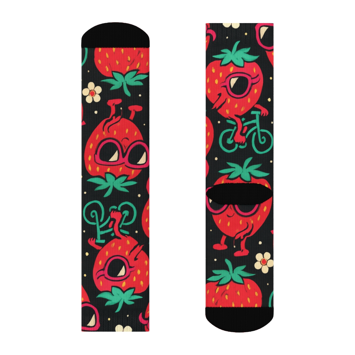 Playful Sunglasses Strawberry Parade On Black Background trendy patterned crew socks