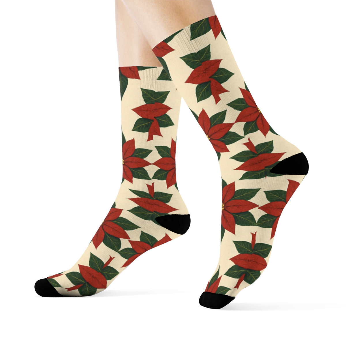 Poinsettia Corner Repeat On Ivory stylish athletic crew socks