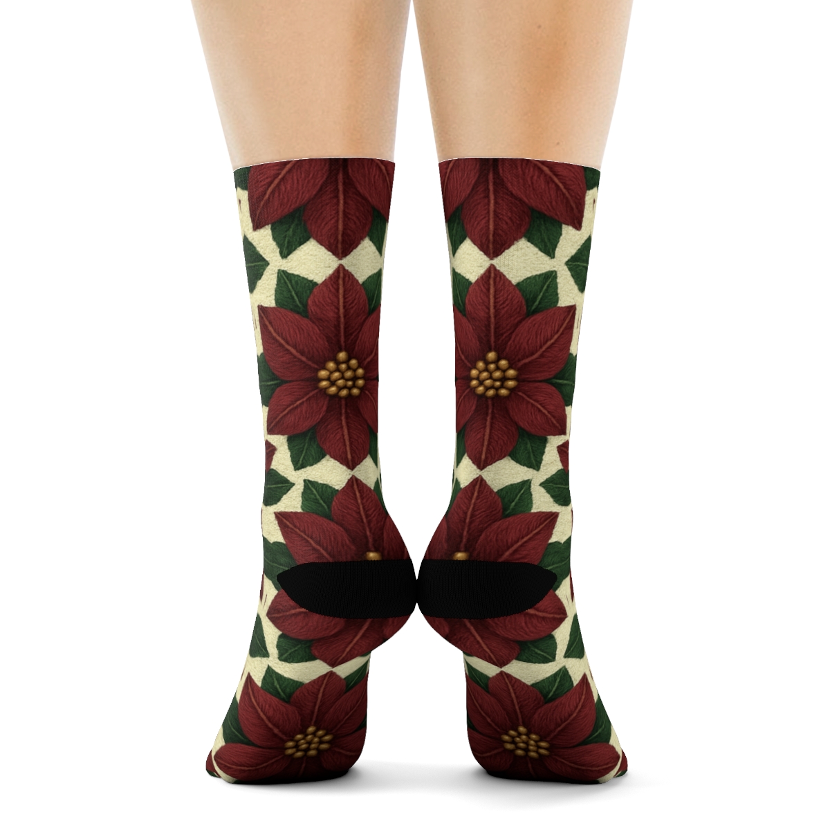 Poinsettia Mosaic comfortable cotton crew socks