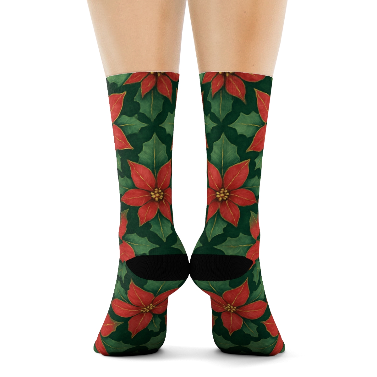 Poinsettia Tile On Deep Evergreen unique graphic crew socks