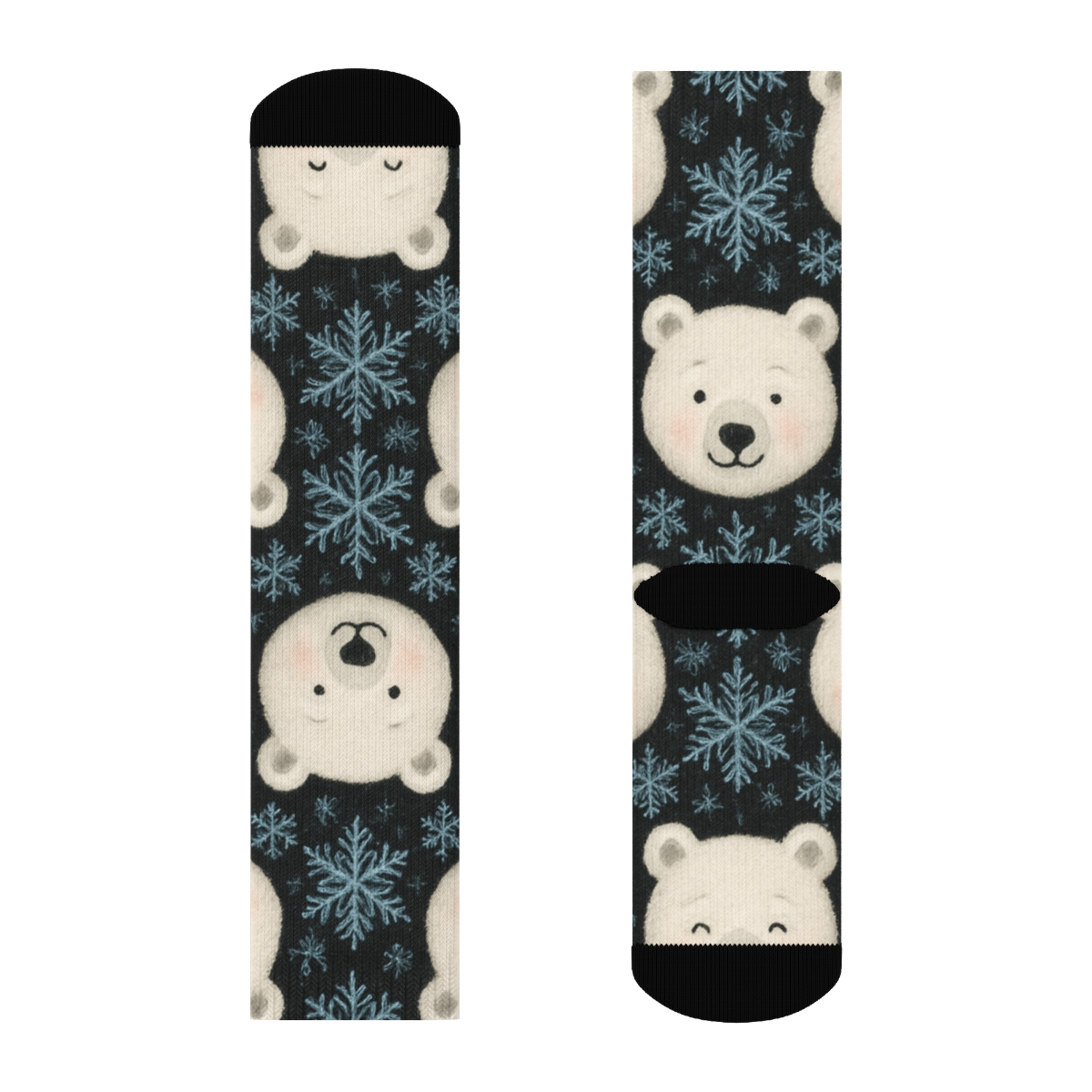 Polar Bear Faces With Snowflake Overlay On Midnight Black Background custom crew socks