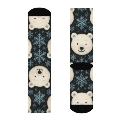 Polar Bear Faces With Snowflake Overlay On Midnight Black Background custom crew socks