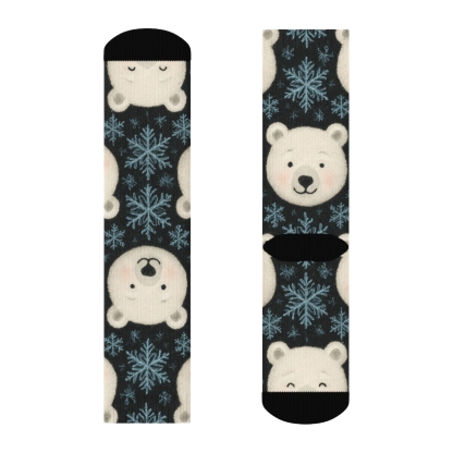 Polar Bear Faces With Snowflake Overlay On Midnight Black Background custom crew socks