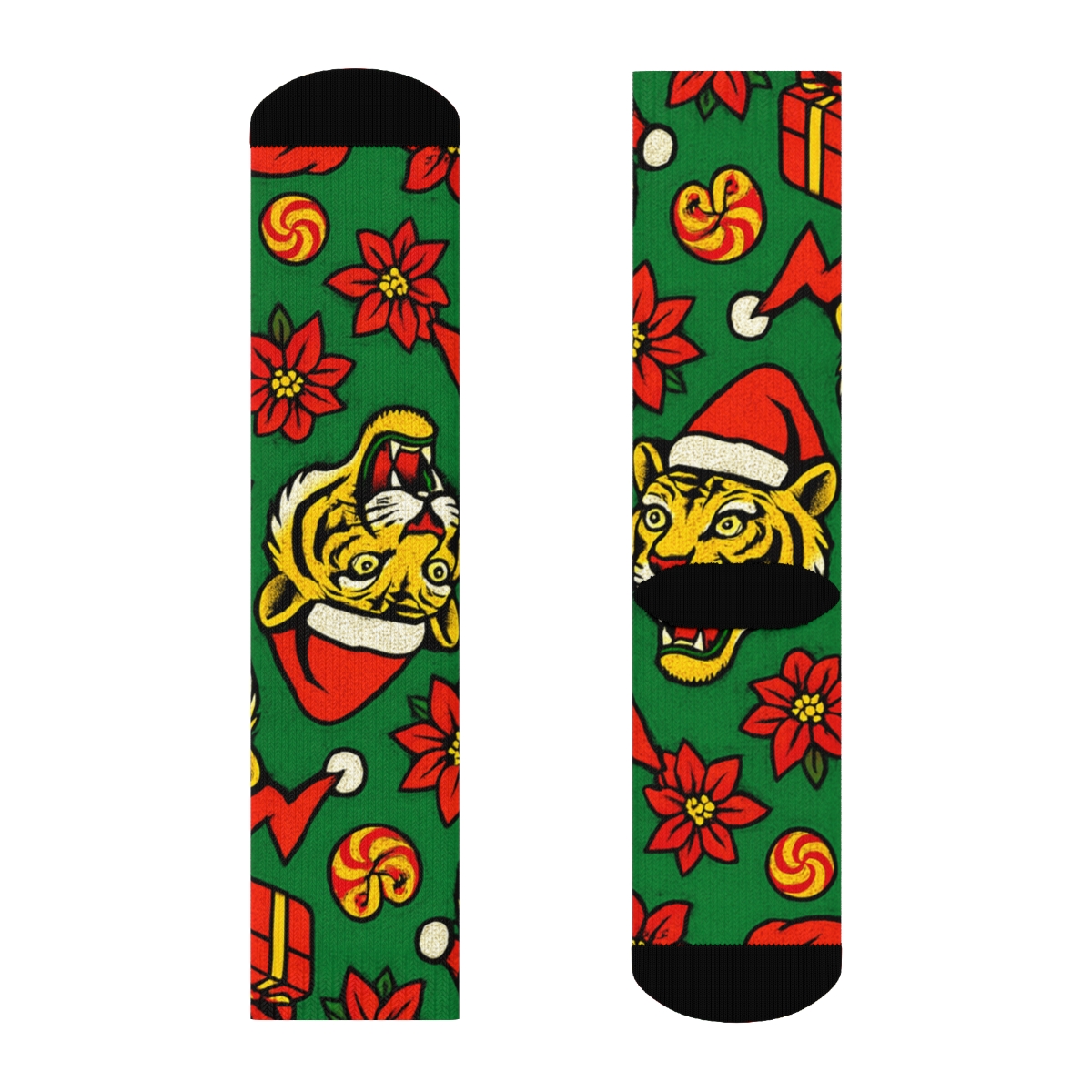 Pop Art Tiger Poinsettia Burst Scatter On Green Background trendy patterned crew socks